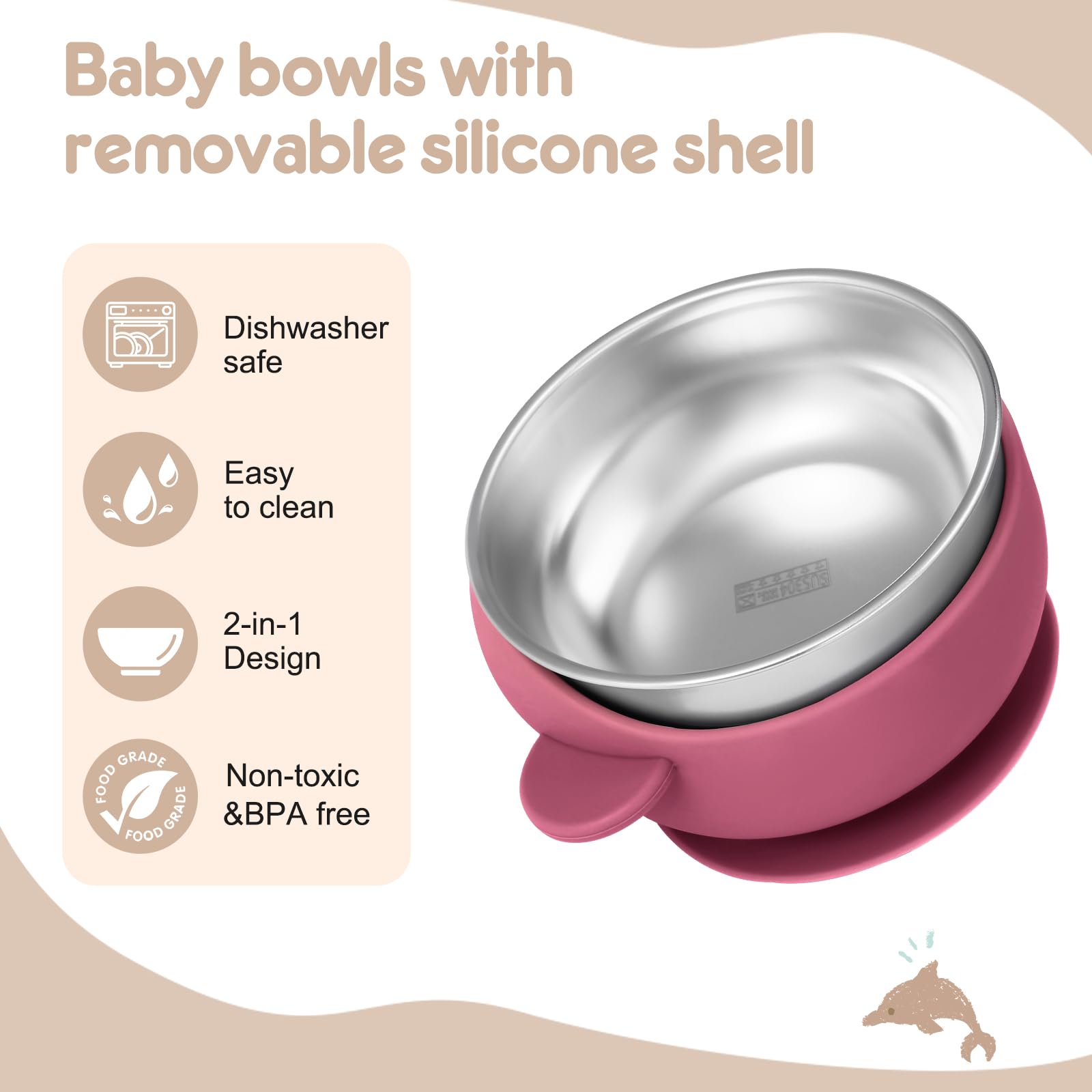 Wesketch 4 Pack Stainless Steel Baby Bowls with Suction, Toddler Bowls with Removable Silicone Shell for Kids, Non-Slip Toddler Baby Feeding Set Dishwasher Safe-blue/Gray/Red/Cream