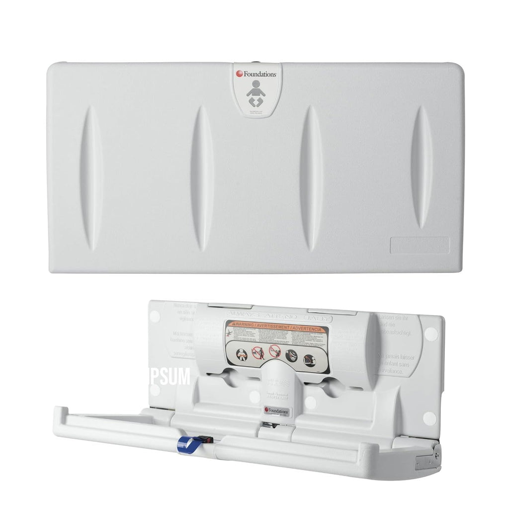 Foundations Classic Horizontal Wall-Mounted Baby Changing Station for Commercial Restrooms, Includes One Handed Adjustable Safety Strap & Liner Dispenser, Gray (100-EH)