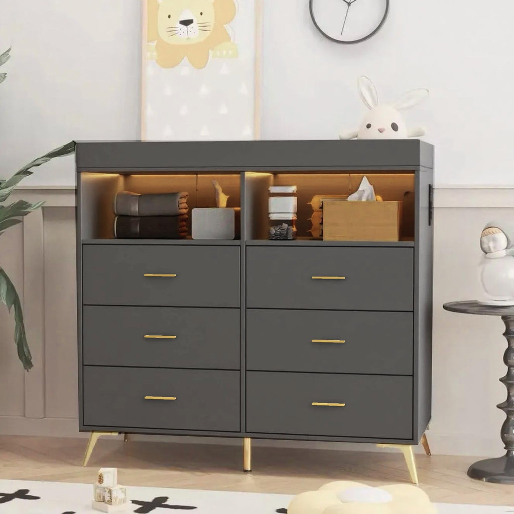 Babevy Changing Table Dresser with Drawers, Baby Dresser with Changing Table Top, Power Outlet, LED Light & Metal Feet, Diaper Changing Station Nursery Organizer for Infants Newborn (Grey)