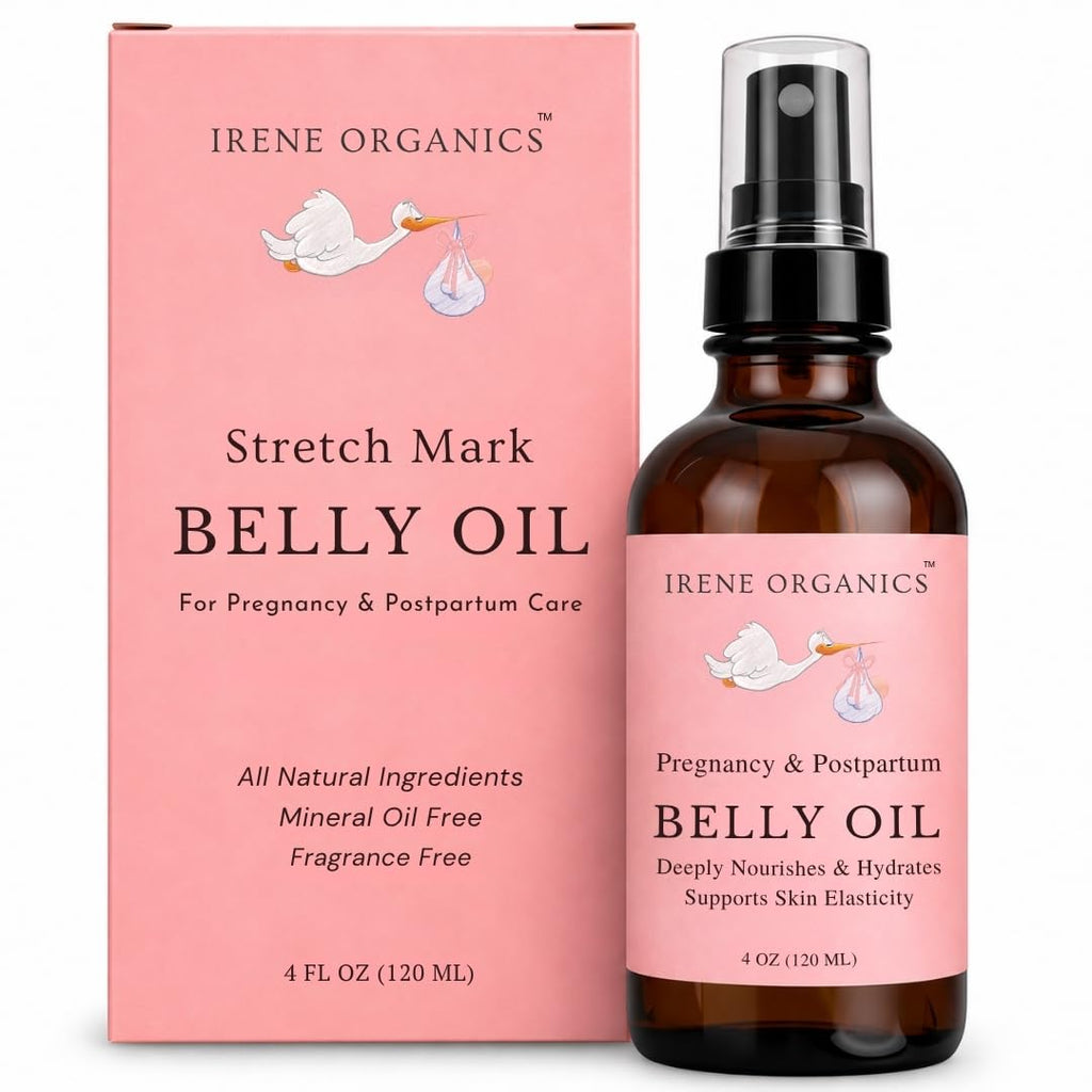 Irene Organics Organic Belly Oil for Pregnancy & Postpartum – Lightweight, Non-Greasy Stretch Mark Support Oil – Hydrating Vitamin E Bump Serum, Unscented & Pregnancy Safe