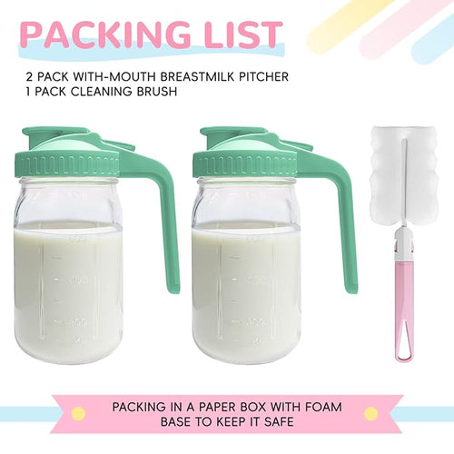 2 PACK Breast Milk Pitcher 32OZ Glass Breastmilk Pitcher with Lids(Green)