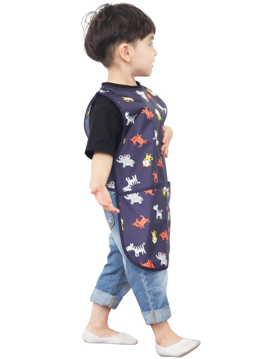 Plie Kids Painting Apron – Waterproof Art Smock for Toddlers & Preschoolers, Messy Play, Baking, Crafts, Cooking, Sensory Activities, Mealtime (Ages 1–10), Navy Animal (03-L)