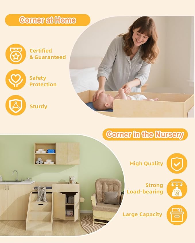 Wooden Baby Changing Table with Mirror, 100% Birch Plywood Toddler Diaper Changing Station with Stairs & Storage, Montessori Furniture for Daycare, Nursery, Home, School