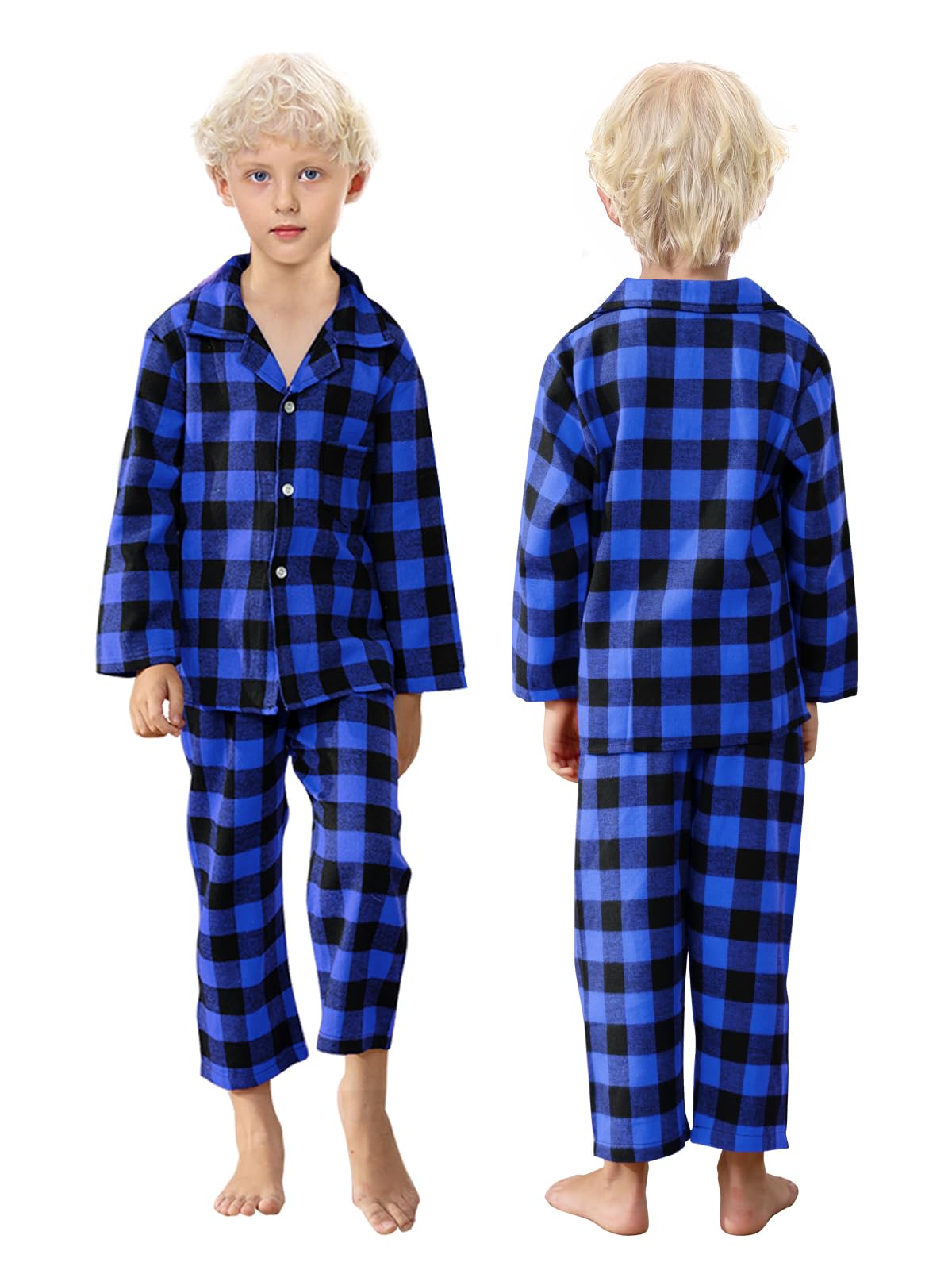 Schbbbta Family Plaid Pajamas Set, Girl's Boy's 2-Piece Button Down Sleepwear Pjs, Black Blue, 7-8 Years=Tag 140