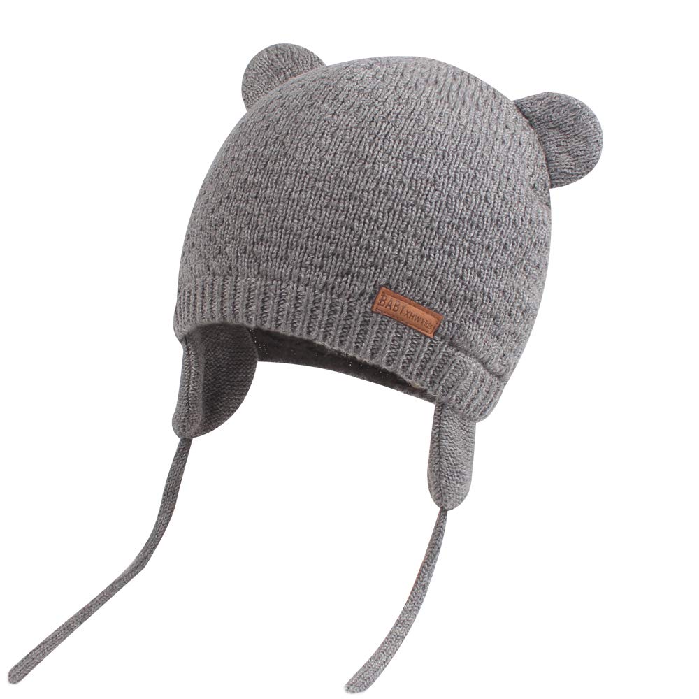 BAVST Baby Beanie Hat for Winter with Earfalp Cute Bear Kids Toddler Girls Boys Warm Knit Cap 0-2Years(Bear Ear- Light Grey,S)