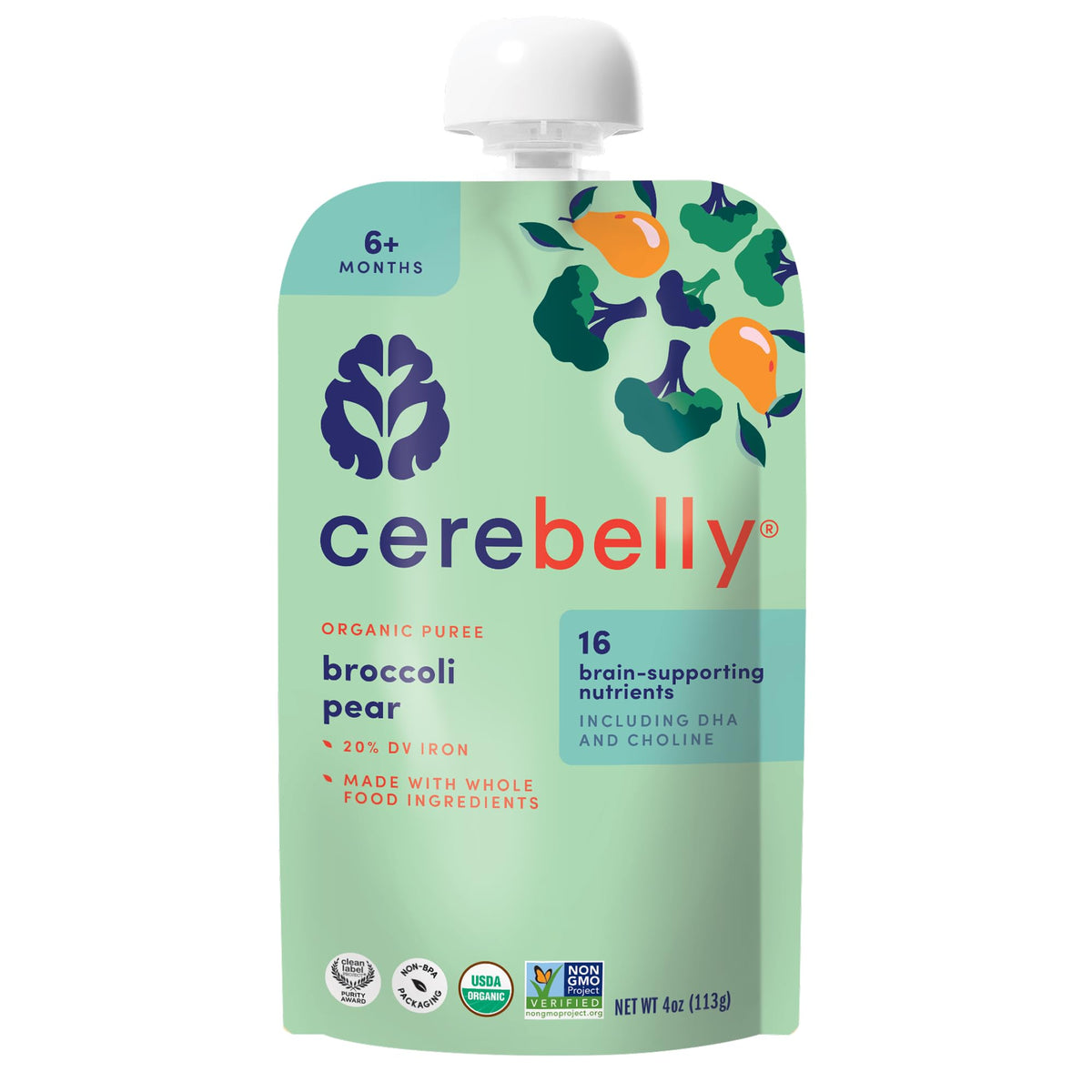 Cerebelly Organic Baby Food Pouches, Broccoli Pear Purees, 16 Nutrients, No Added Sugar, Fiber & Non-GMO, 4oz, 1 Count
