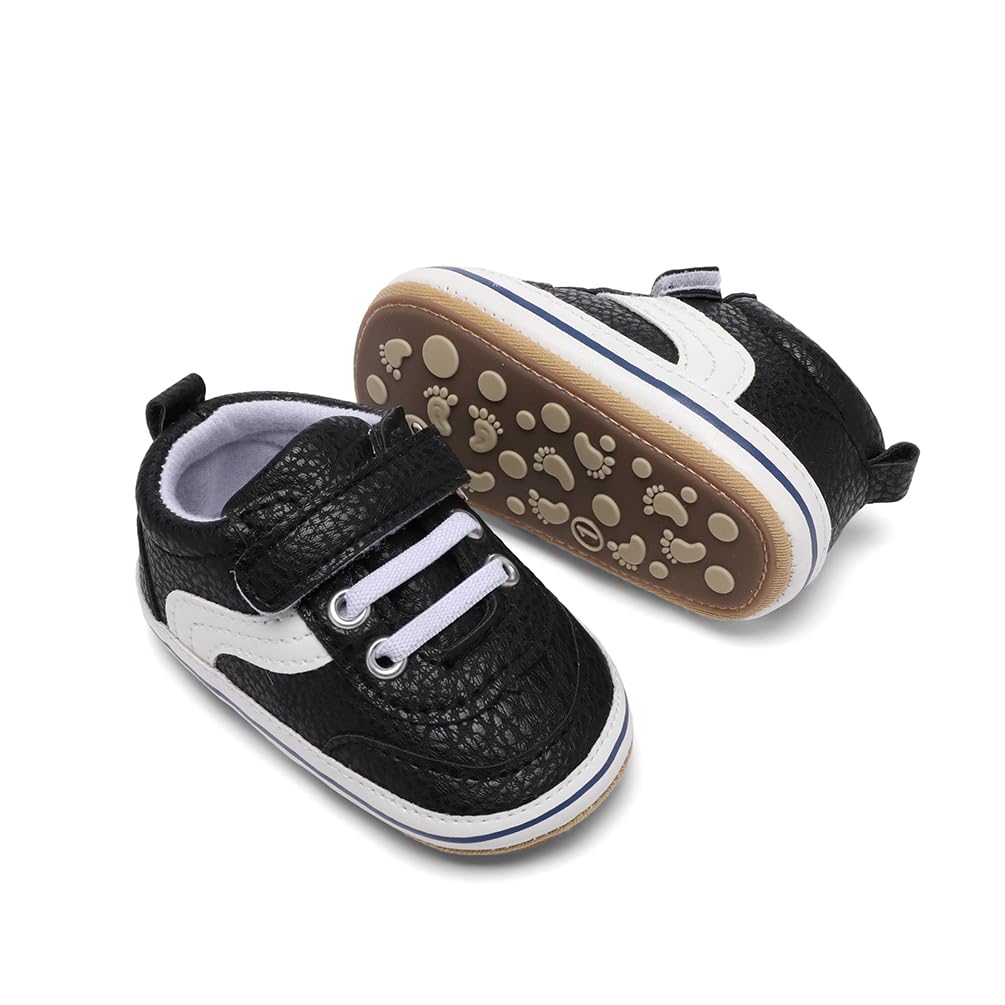 Clowora Baby Boys Girls Shoes Non-Slip Rubber Sole Sneakers Infant First Walking Toddler Crib Shoes Newborn Loafers Flats. (0611/Black,0-6 Months)
