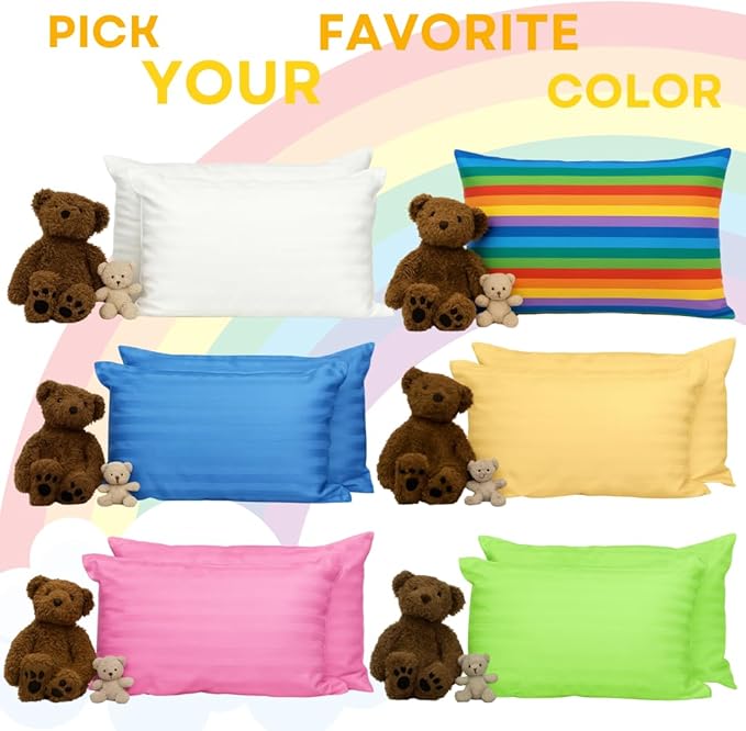 kinder Fluff Kids Pillow (2Pack) 16x24in - Youth Pillows for Kids Age 7+, 100% Cotton Sateen Stripes 300T, Down Alternative Fill, Machine Washable - Children, Decor & Travel Cushion - Rainbow - L