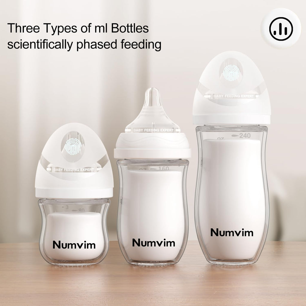 Numvim Natural Glass Baby Bottles with Gentle & Slow Flow Nipples, Newborn Breastfeeding Bottle, Anti-Colic, Includes M Nipples(3 Month+),3 Packs (White 8 Oz)