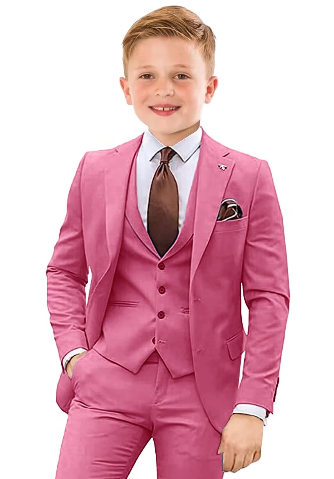 Boys Rose Suits 4 Piece Formal Slim Fit Suit for Boys Wedding Prom Tuxedo Dresswear Blazer Vest Pants Set with Tie Size 14
