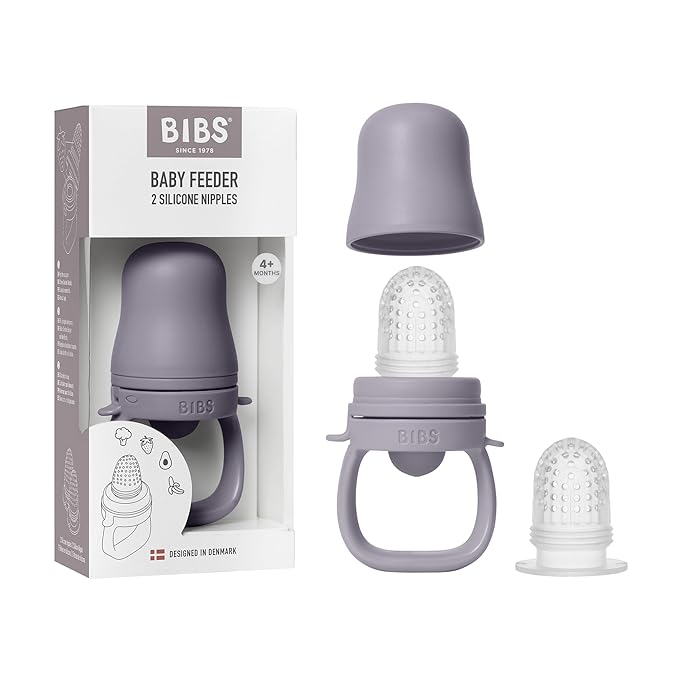 BIBS Baby Feeder with 2 Silicone Nipples, Compatible with Freezer Tray, Easy-Grip, BPA-Free - Ideal for Teething & Self-Feeding, 4+ Months - Fossil Grey