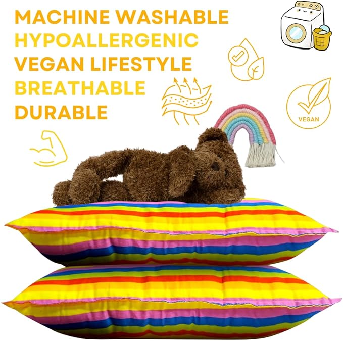 kinder Fluff Children Pillow (2Pk) 14x20in – Junior Pillows for Kids Age 4+, Bright Rainbow Design, 100% Cotton Sateen Stripe 300T, Down Alternative Fill, Machine Washable, Colourful Kids Cushion - M