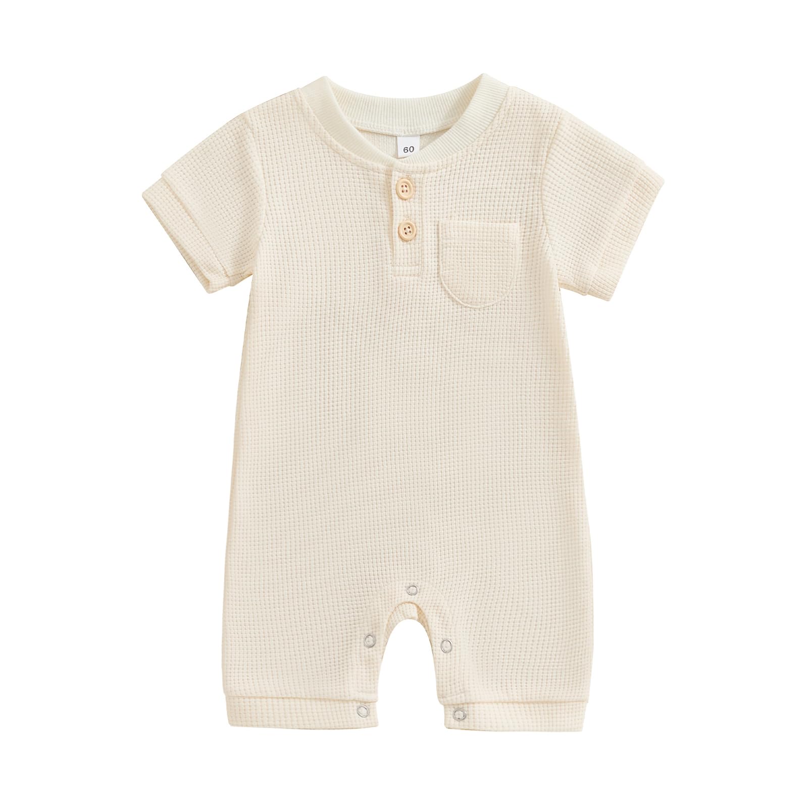 Kuriozud Newborn Baby Boy Girl Clothes Button Solid Short Sleeve Romper Jumpsuit Basic One Piece Outfits Baby Neutral Clothing Waffle Short Sleeve Apricot, 0-3 Months