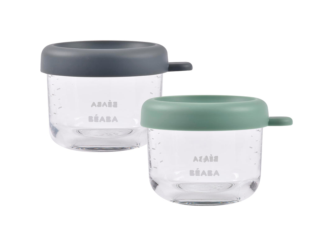 Beaba 2 Pack Glass Baby Food Jars, Freezer, Sterilizer, and Dishwasher Safe, 5 oz Baby Food Storage Jars with Silicone Air Tight Lid, Mineral/Sage