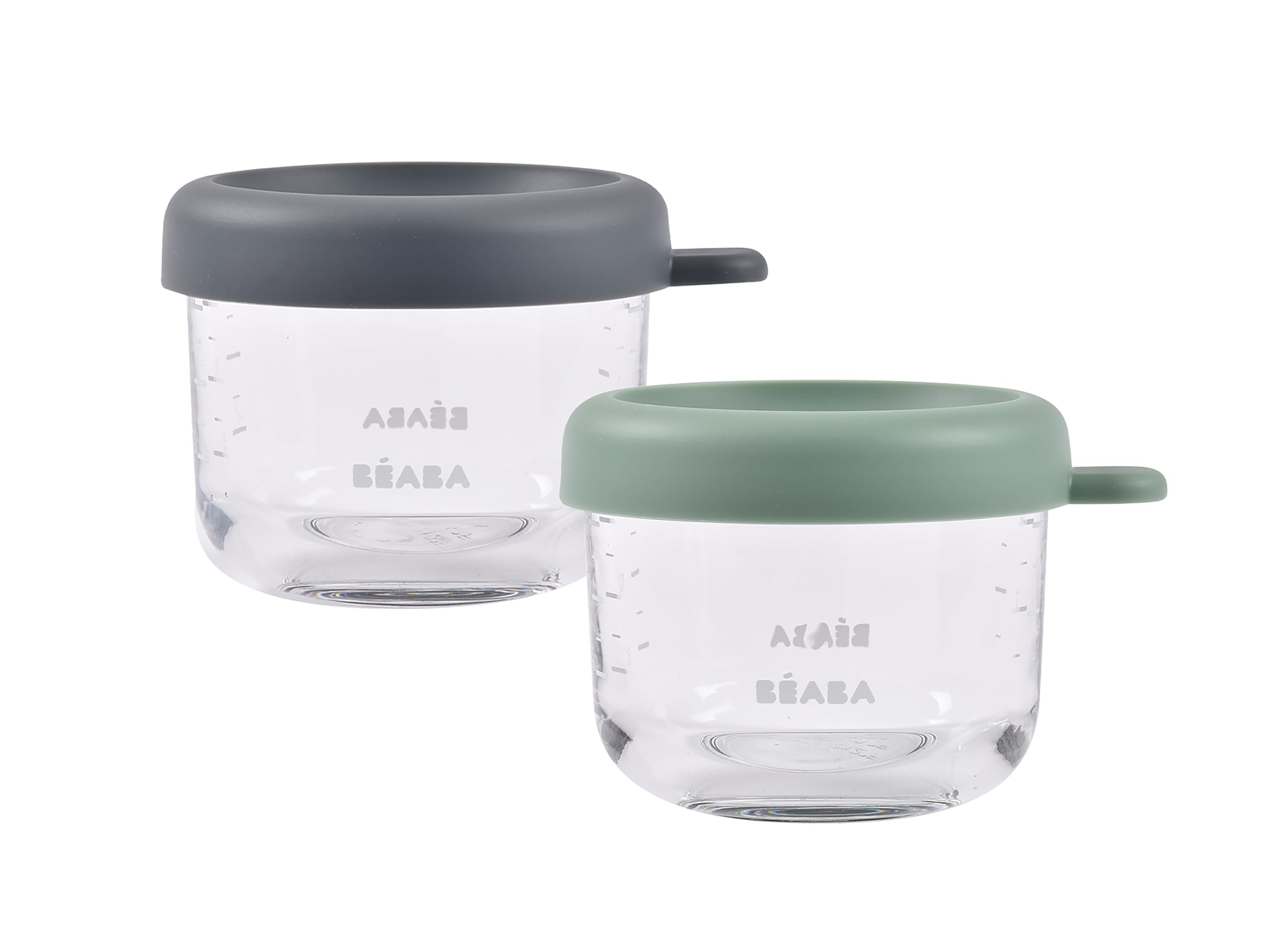 Beaba 2 Pack Glass Baby Food Jars, Freezer, Sterilizer, and Dishwasher Safe, 5 oz Baby Food Storage Jars with Silicone Air Tight Lid, Mineral/Sage