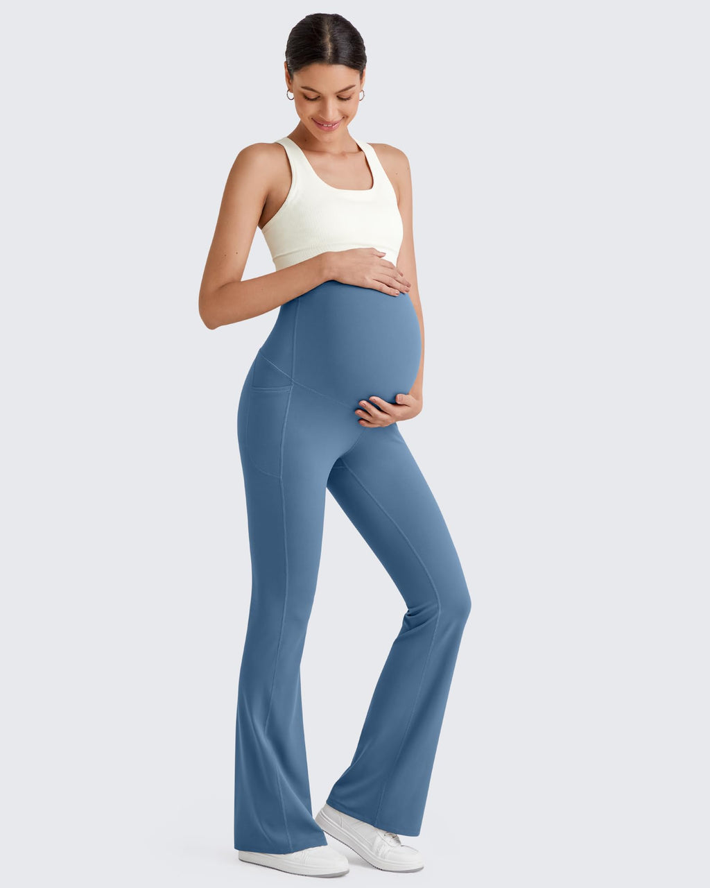 G4Free Maternity Dress Pants Yoga Flare Leggings for Work,Blue Gray,M,Tall