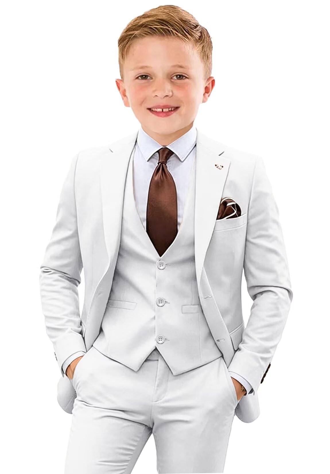 Tesscy Boy Suits Size 12 Kids Formal White First Communion Suit for Boys 3 Piece Slim Fit Tuxedo Suit Jacket Vest Pants Set with Tie