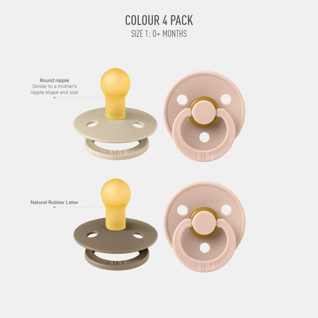BIBS Pacifiers - Color 4 Pack | Round Nipple Baby Pacifier | BPA Free Natural Rubber Latex Soother | Made in Europe | Size 0-6 Months | Pink Colors