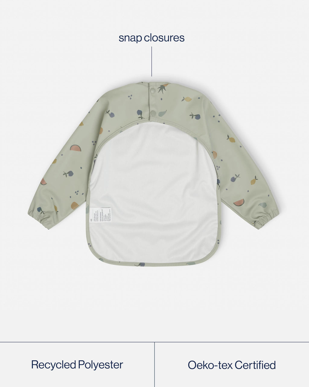 Lalo Smock Bib - Long Sleeve Bib for Infants and Toddlers - Elastic Cuffs, Large Catch-All Pocket, Waterproof Recycled Polyester - Easy to Clean for Mealtime and Art Time - Fruit Print Sage Infant