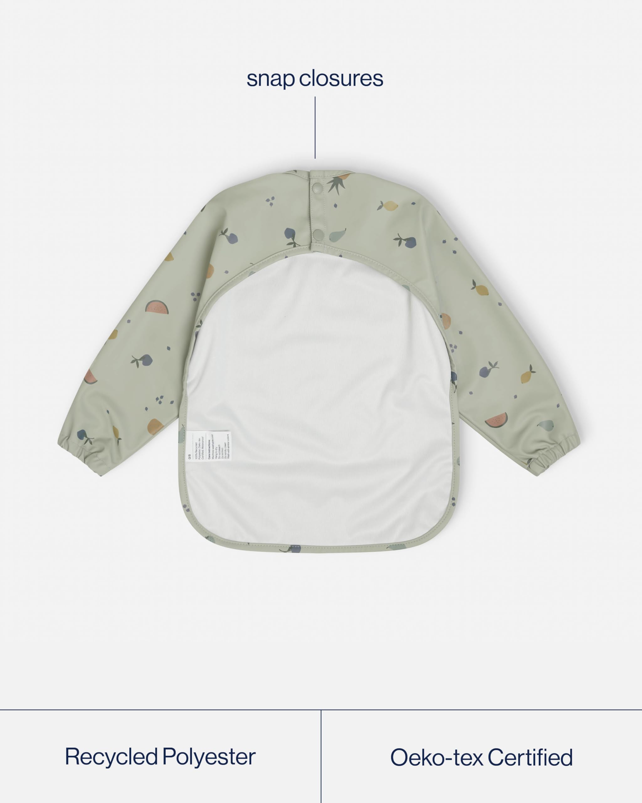 Lalo Smock Bib - Long Sleeve Bib for Infants and Toddlers - Elastic Cuffs, Large Catch-All Pocket, Waterproof Recycled Polyester - Easy to Clean for Mealtime and Art Time - Fruit Print Sage Infant