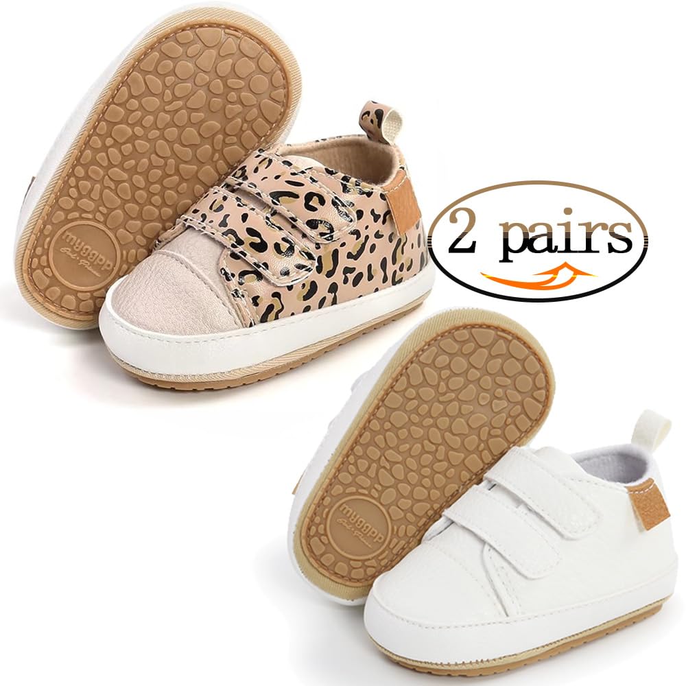 eitwo 2Pairs Baby Shoes,Boys Girls Non-Slip Rubber Sole Sneakers,Unisex Infant Soft Lightweight First Walking Crib Shoes (2Pairs_White+Leopard,3-6 Months)