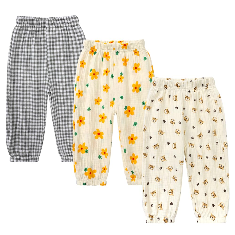 MYGBCPJS Baby Boys Girls 3 Pack Cotton Linen Long Bloomers Ankle Length Trousers Kids Lightweight Elastic Waist Harem Pants