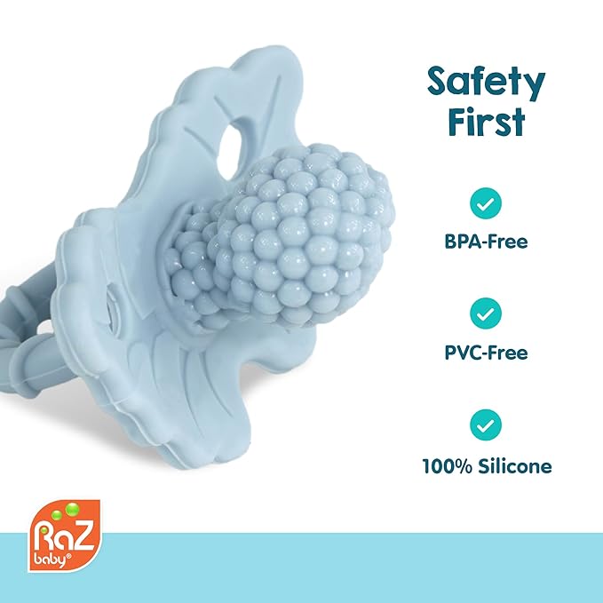 RaZbaby Dragon RaZbuddy w/RaZberry Teething Relief Pacifier – Soothes Sore Gums w/Nature-Inspired Texture, 100% BPA-Free Silicone Teether, Detachable Stuffed Animal – 3 Months+ Teether, Mint