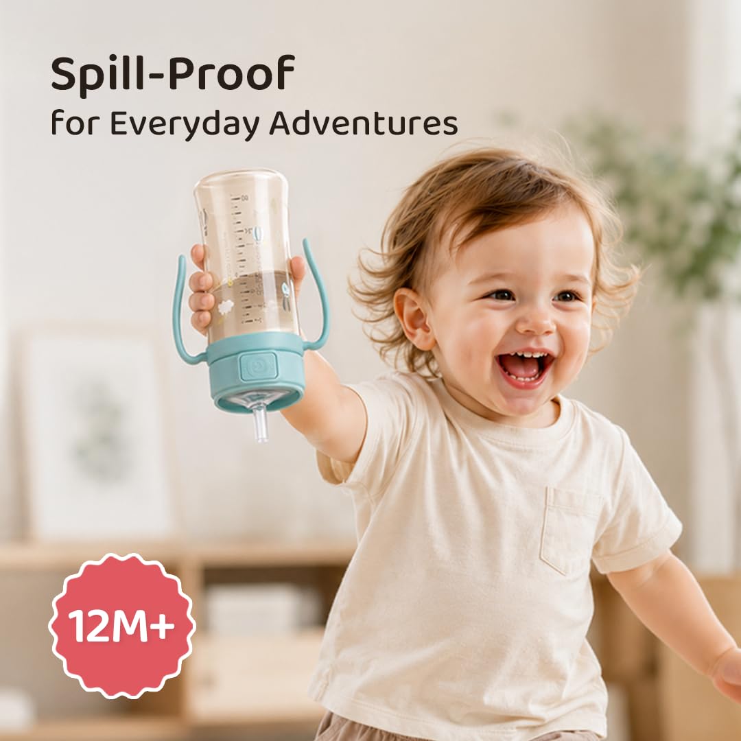 GROSMIMI PPSU Baby Straw Cup Stage 2, 12M+ Spill-Proof, 10oz (Peach Flower)