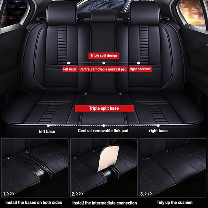 Full Set of Universal Fit Automotive Seat Covers fit for Suzuki 1999-2025 95% Models, PU Leather Automobile Interior Sets with Headrest & Back Pillow Black & Black Line