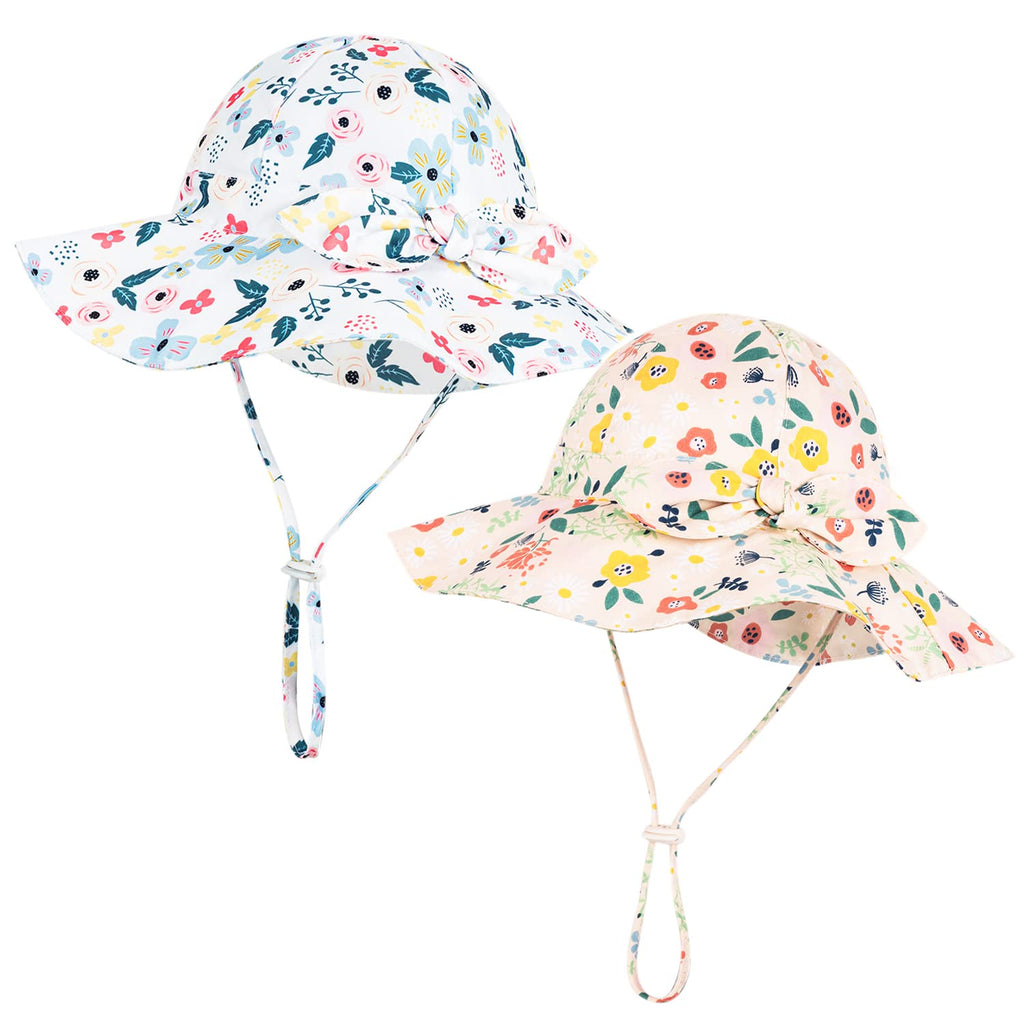Baby Girl Sun Hat with UPF 50+ Outdoor Adjustable Beach Hat with Wide Brim Bucket Hats (6-12 Months, Pink Printing & White Printing -2pcs)