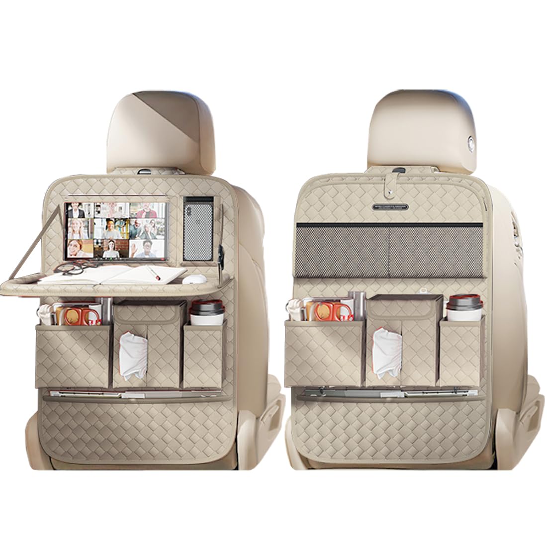XDV Car Seat Organizers,Multi-functional Back Seat Protectors, Storage Pouches, and Tray Holders (for Cars, Kids, Seat Back and Rear Seats) (Woven Beige, 2 Pcs)