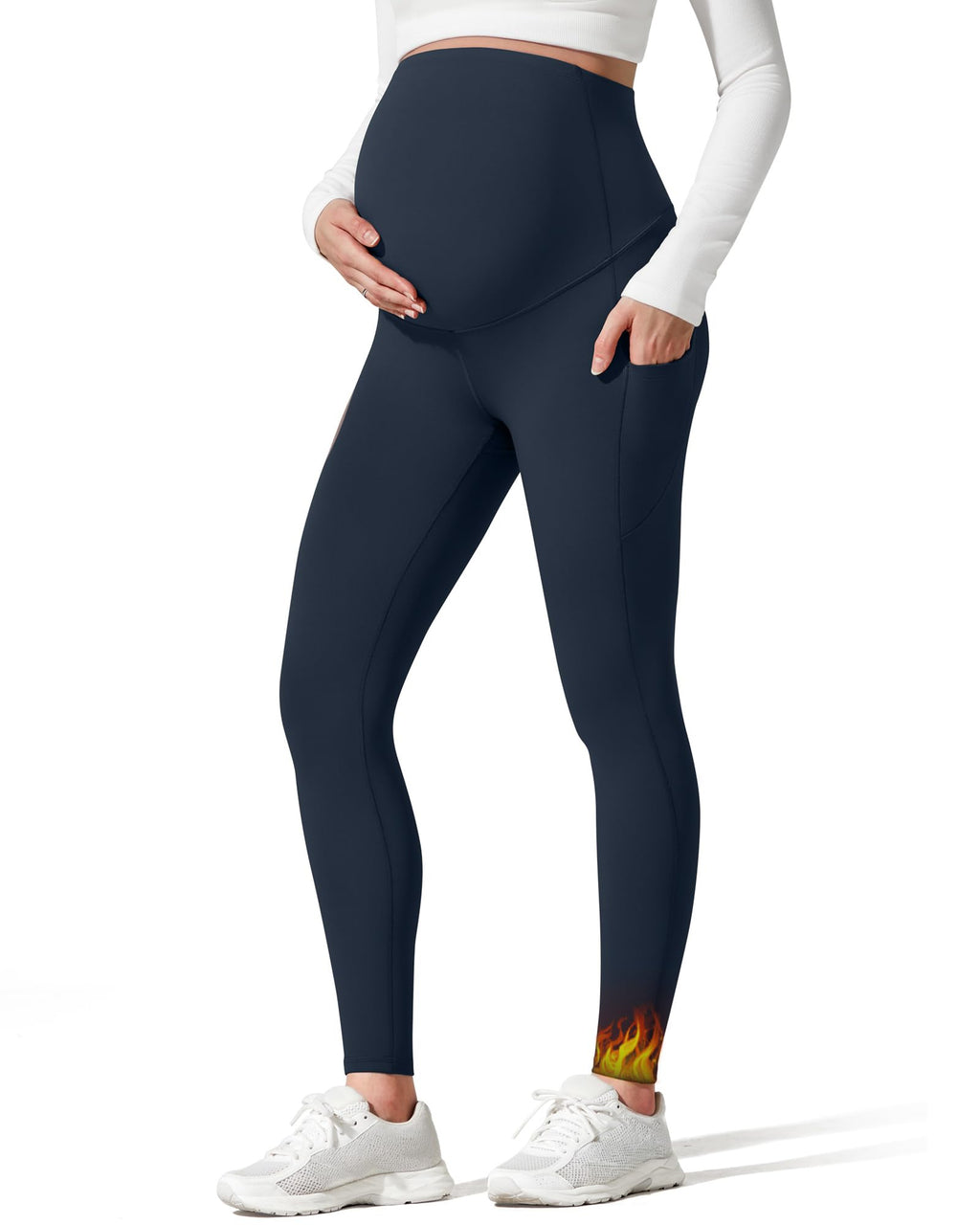 G4Free Fleece Maternity Pants with Pockets Over Bump Yoga,Dark Navy,XL,29"