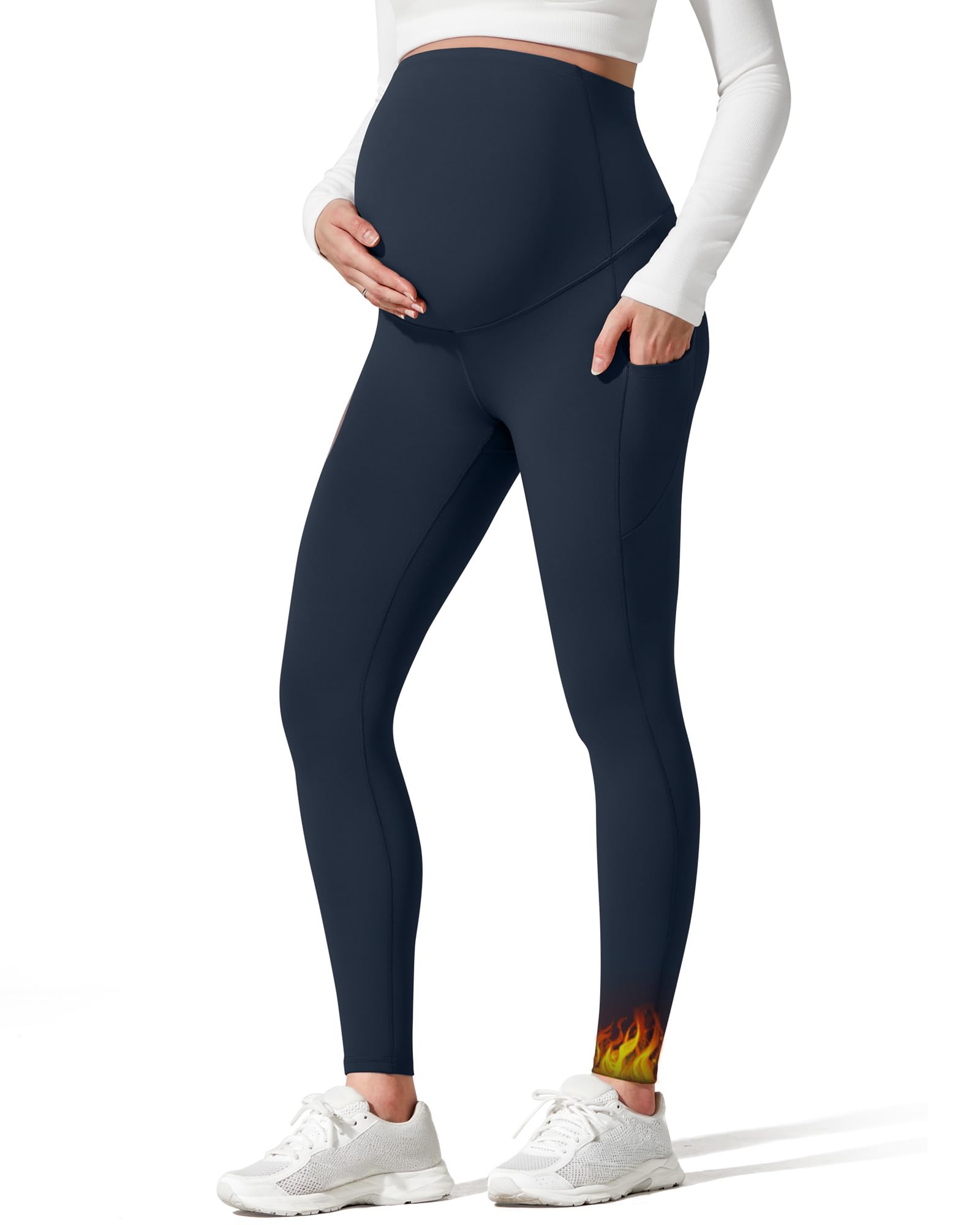 G4Free Fleece Maternity Pants with Pockets Over Bump Yoga,Dark Navy,XL,29"