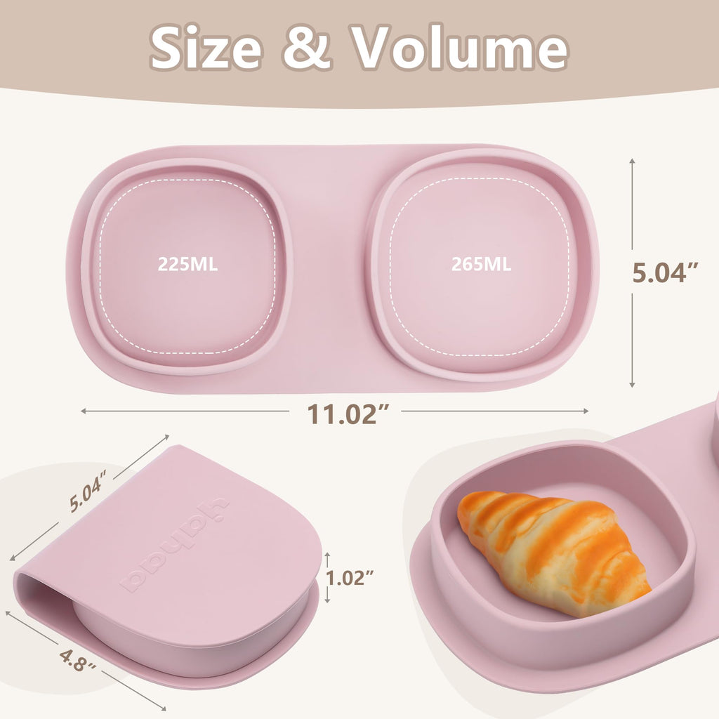 Silicone Baby Foldable Dinner Plates with Forks and Spoons, Matte Pink