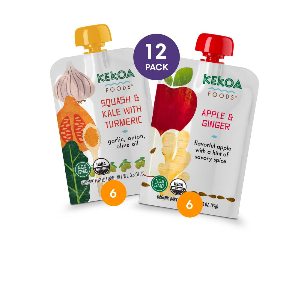 Kekoa Foods 100% USDA Certified-Organic Vegetarian Baby Food Puree Starter Packs: Gluten-Free, Vegan 3.5 oz Squeeze Pouches (12 Pack) | Apple Ginger, Squash & Kale w/Turmeric | High Fiber & Vitamins