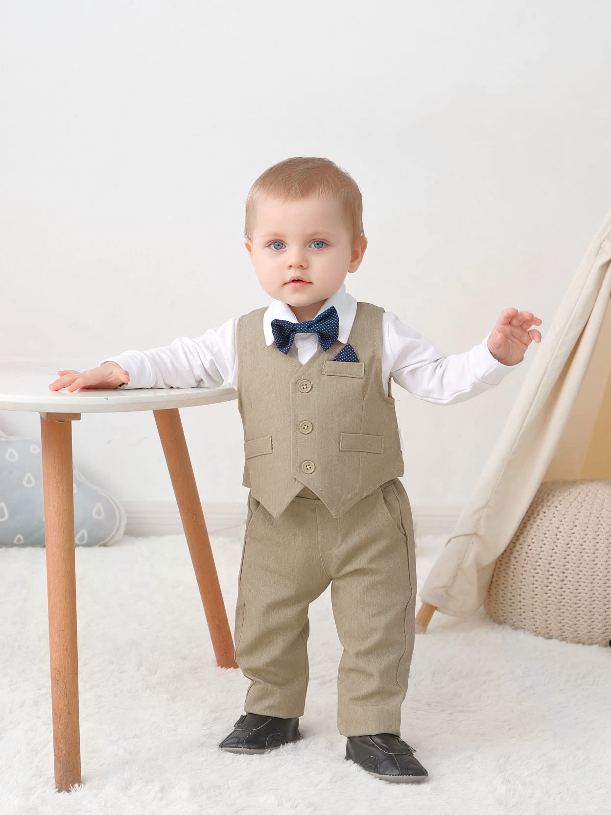 DISAUR Baby Boy Wedding Outfit Long Sleeve Infant White Shirt Khaki Vest Pants Bow Tie Baby Blessing Outfits For Boys 1t 12 18 Months