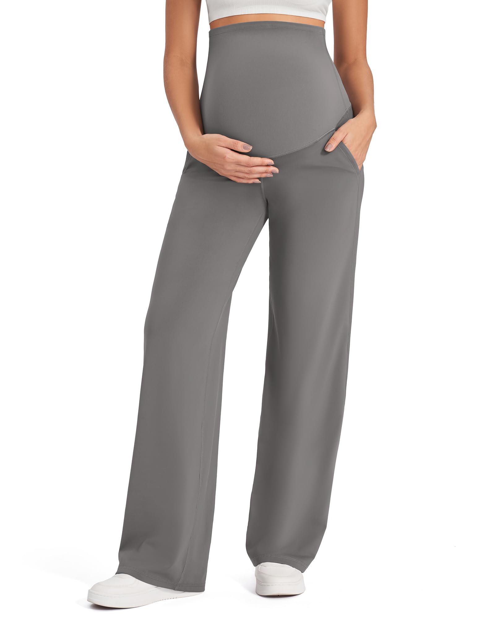 G4Free Maternity Work Pants with Pockets Wide Leg,Mocha Brown,XS,Regular