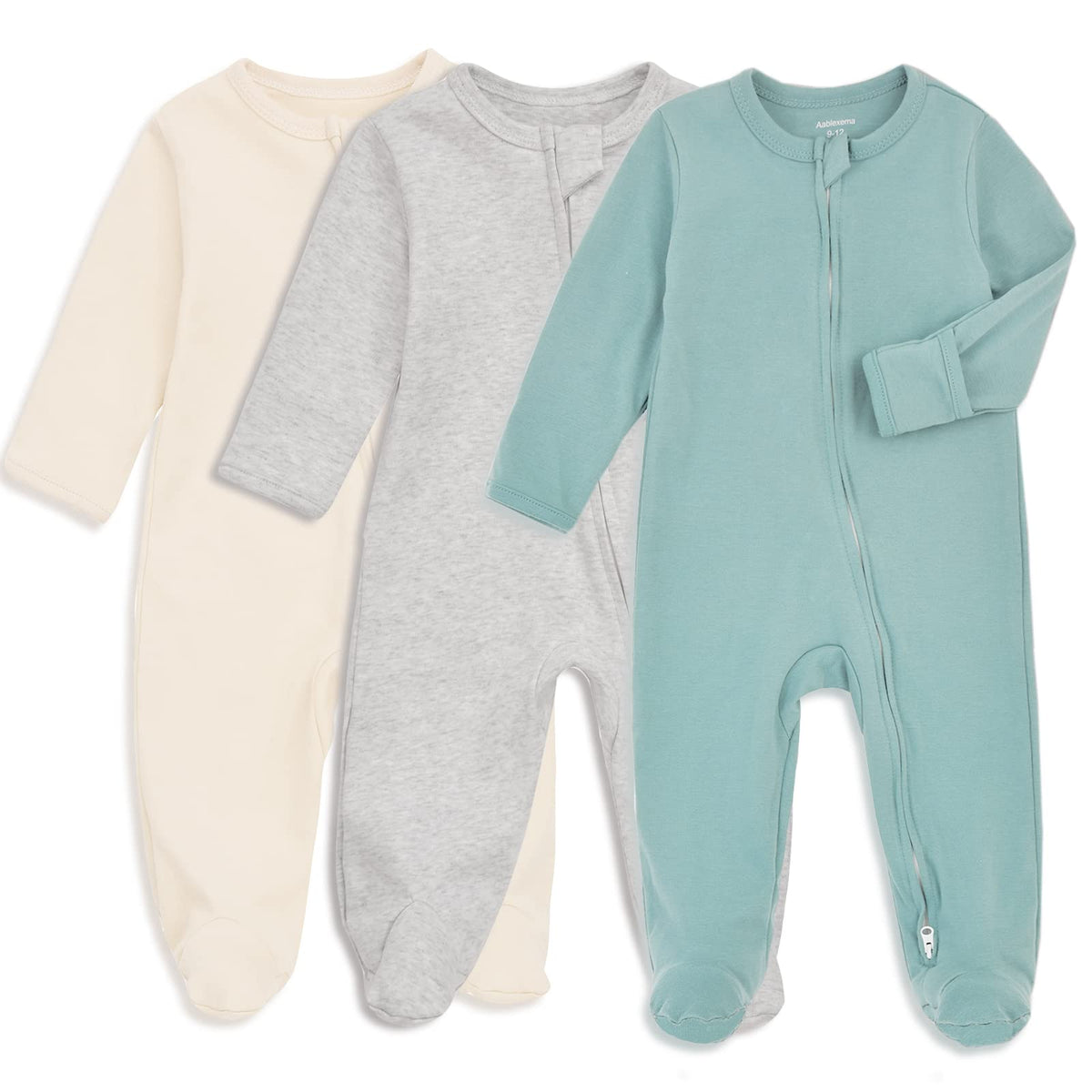 Aablexema Baby Footie Pajamas with Mitten Cuffs, Double Zipper Infant Cotton clothes Sleeper Pjs, Footed Sleep Play (6-9m, Ivory & Grey & Blue)