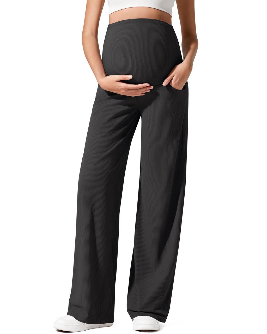 G4Free Maternity Lounge Pants with Pockets Over The Belly Stretchy Lounge Pregnancy Wide Leg Trousers(Black,M,Regular)