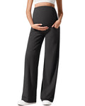 G4Free Maternity Lounge Pants with Pockets Over The Belly Stretchy Lounge Pregnancy Wide Leg Trousers(Black,M,Regular)