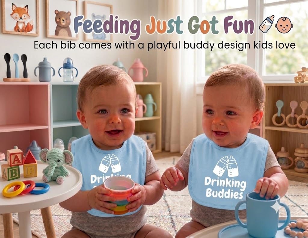 100% Cotton Drinking Buddies Twin Bibs for Babies – Soft, Cute & Practical Waterproof, Durable, Unisex Bibs for Twins. Ideal for Mess-Free Feeding, Everyday Use, and Protecting Clothing from Spills