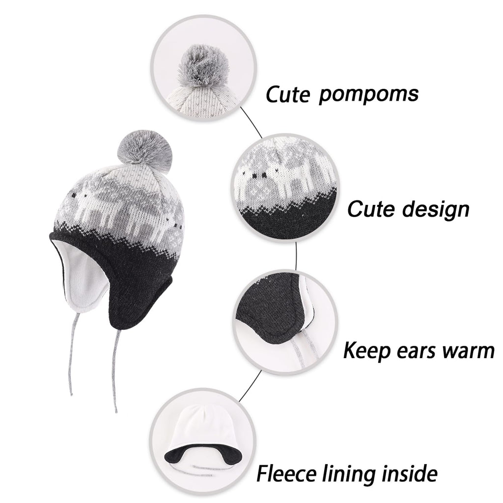 LANGZHEN Deer Hat for Girls Infant Pom Pom Beanie Kid Winter Hats Toddler Cap Knit Warm Beanies Caps for Baby Boys Girls(Deer-Black,S(46-48CM/18.11"-18.9"))