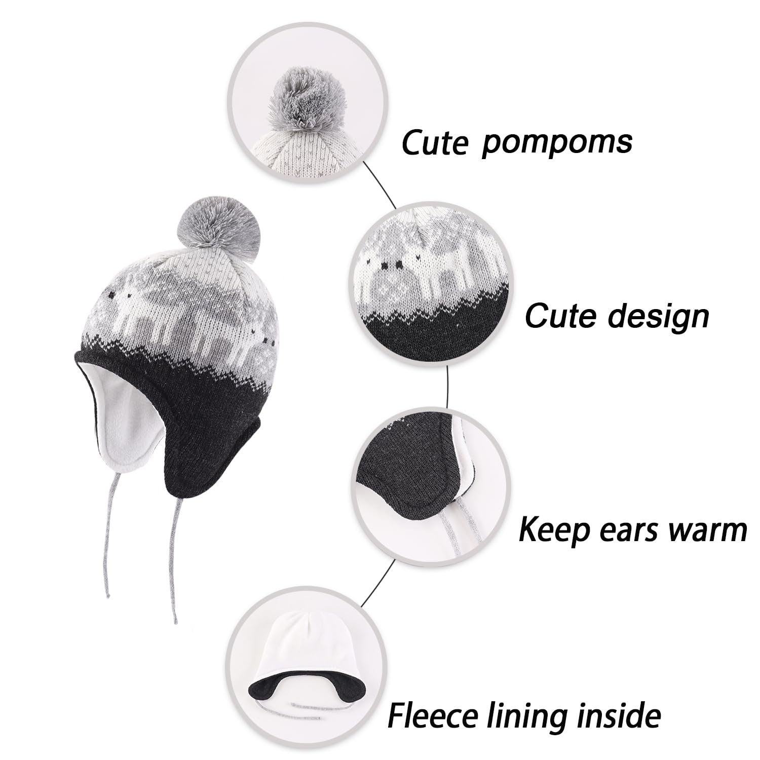 LANGZHEN Deer Hat for Girls Infant Pom Pom Beanie Kid Winter Hats Toddler Cap Knit Warm Beanies Caps for Baby Boys Girls(Deer-Black,S(46-48CM/18.11"-18.9"))