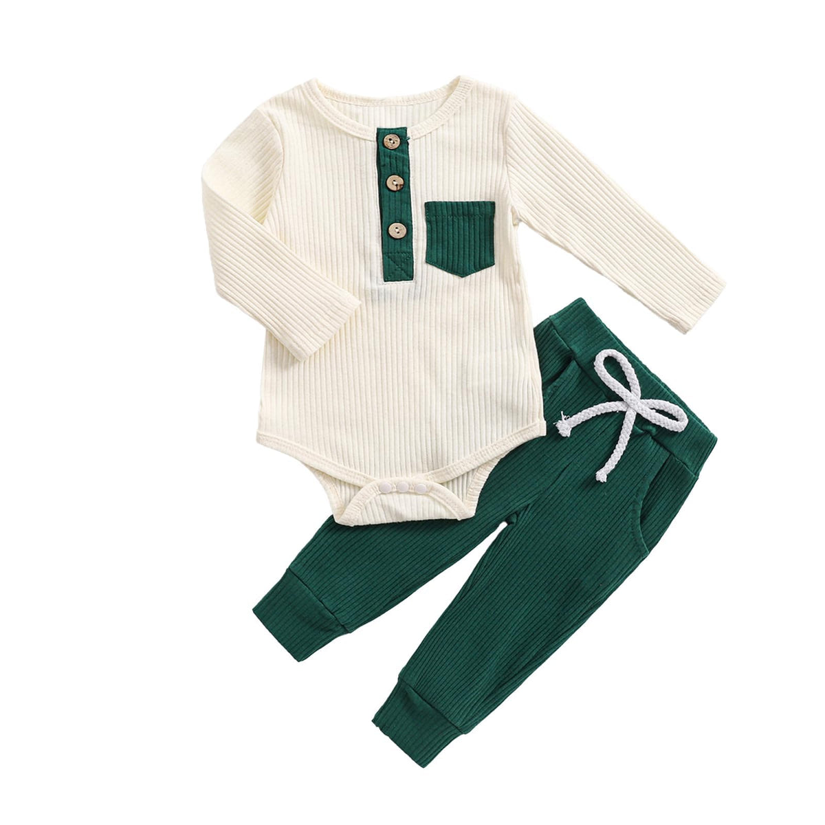 fhutpw Baby Boy Clothes 3 6 12 18 Months Ribbed Knitted Long Sleeve Romper and Pants Sets Newborn Fall Splicing Color Outfits (White&Brown, 3-6 Months)