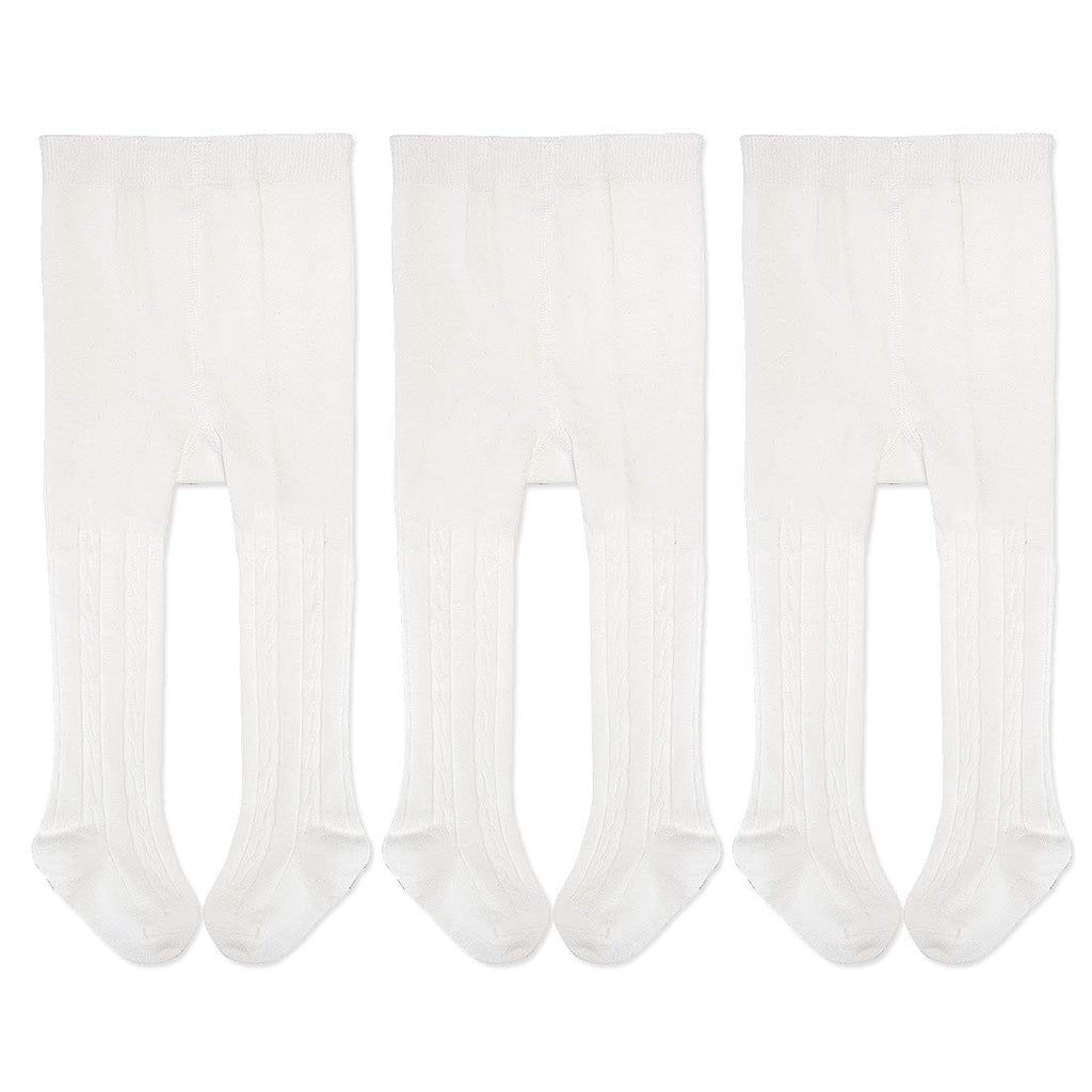 EPEIUS Toddler Girl Tights Baby Girls Seamless Cable Knit Leggings Solid Cotton Stockings Footed Pants for 12-24 Months 3 Pair Pack,White