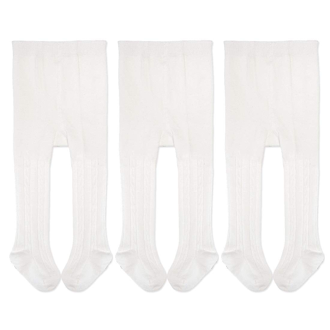 EPEIUS Toddler Girl Tights Baby Girls Seamless Cable Knit Leggings Solid Cotton Stockings Footed Pants for 12-24 Months 3 Pair Pack,White