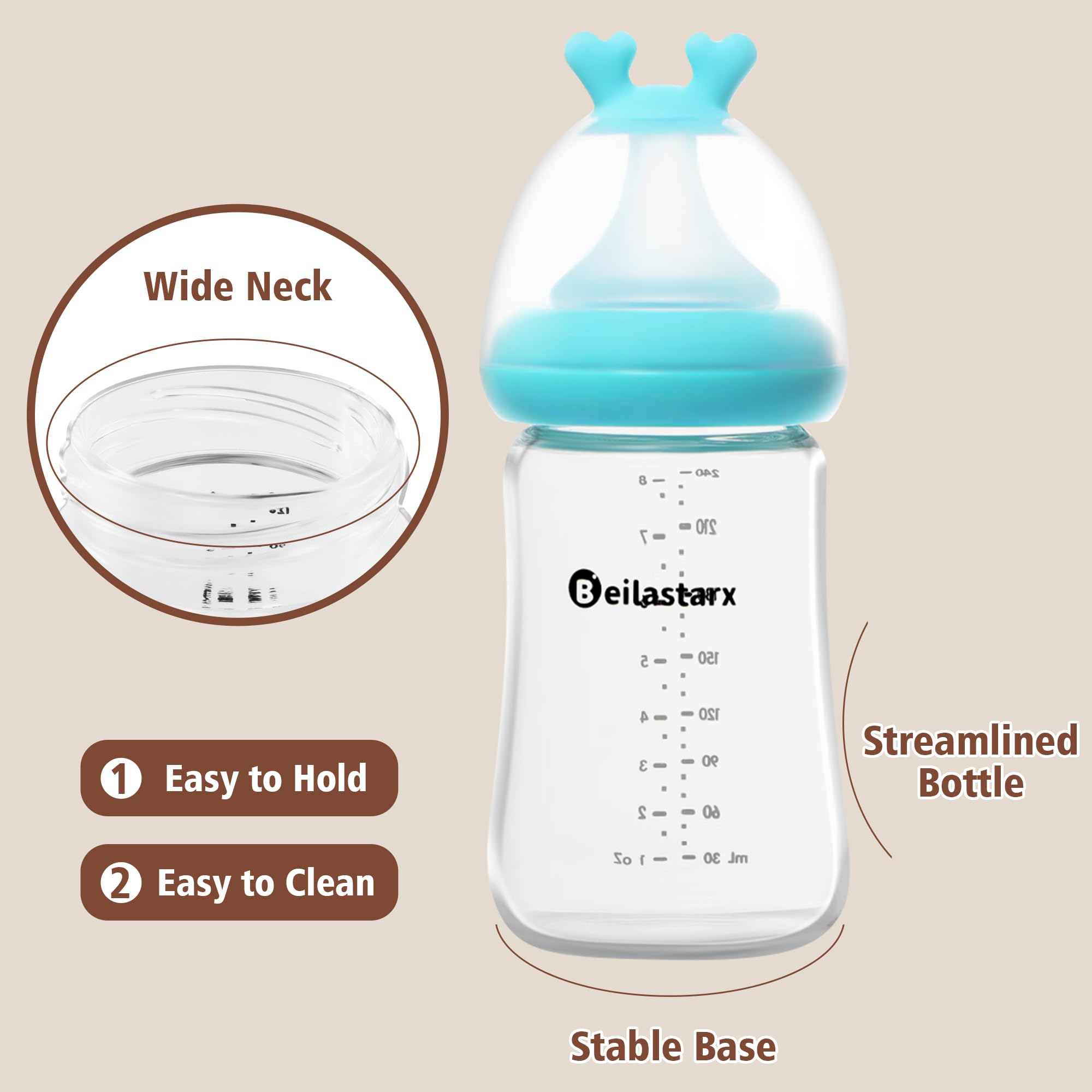 Beilastarx Glass Baby Bottles with Natural Response Nipple Size M - Anti Colic Baby Bottles Wide Neck Slow Flow Baby Bottle(Blue, 8oz (Pack of 2))
