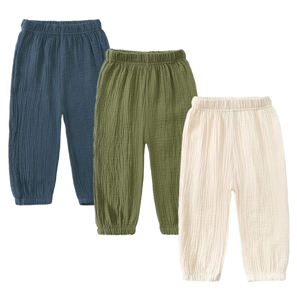MYGBCPJS Baby Boys Girls 3 Pack Cotton Linen Long Bloomers Ankle Length Trousers Kids Lightweight Elastic Waist Harem Pants