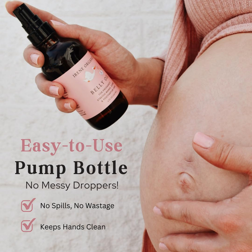 Irene Organics Organic Belly Oil for Pregnancy & Postpartum – Lightweight, Non-Greasy Stretch Mark Support Oil – Hydrating Vitamin E Bump Serum, Unscented & Pregnancy Safe