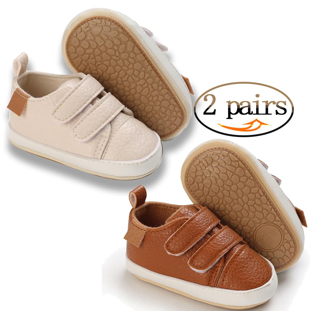 eitwo 2Pairs Baby Shoes,Boys Girls Non-Slip Rubber Sole Sneakers,Unisex Infant Soft Lightweight First Walking Crib Shoes (2Pairs_Brown+Beige,6-12 Months)